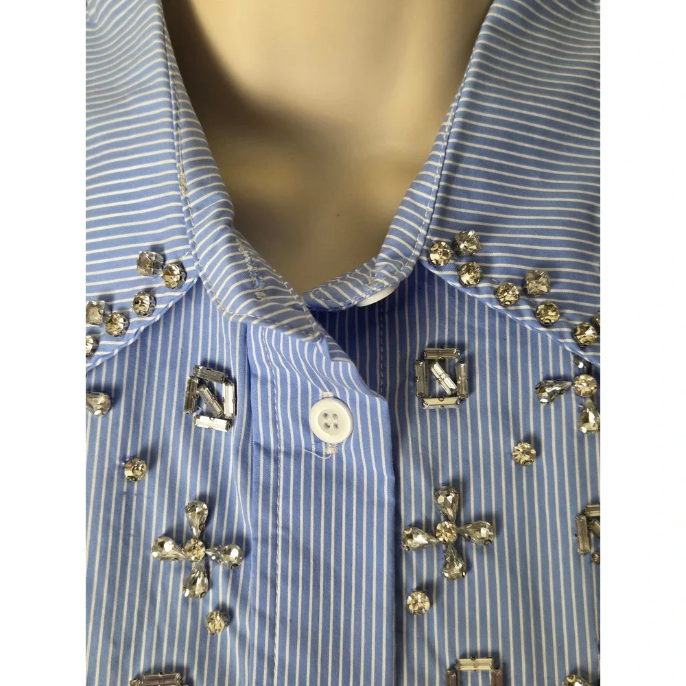 Western Women's blouse Sz Small BLUE B l/s Jewels Blue Pinstripe Button up NWT - Picture 8 of 13